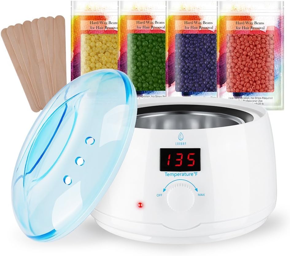 Wax Warmer Hair Removal Kit, Home Wax Kit Digital Wax Pot Heater with LCD Display Temperature Control, 4 Flavor Hard Wax Beans & 10 Wax Applicator Spatulas