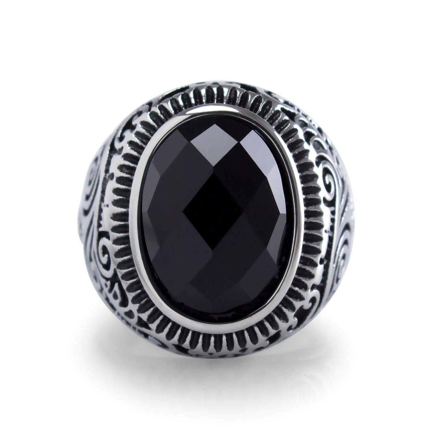 555Jewelry Classic Stainless Steel Ring for Men - Retro Vintage Celtic Seal Oval Diamond Cut Black Onyx Signet Ring, Silver, Size Z 3/4