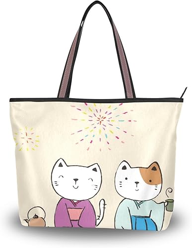 Amazon ハンドバッグ 手提げ チャーム トートバッグ 猫カップル お茶を飲む 収納力抜群 レディース 通勤通学 旅人 ハンドバッグ