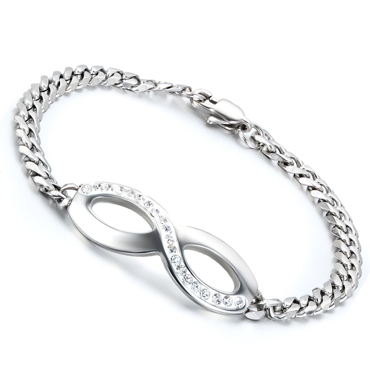 Cupimatch 2PCS Love Infinity Stainless Steel Leather Couples Bracelet Bangle for Men Women (Silver Bracelet)