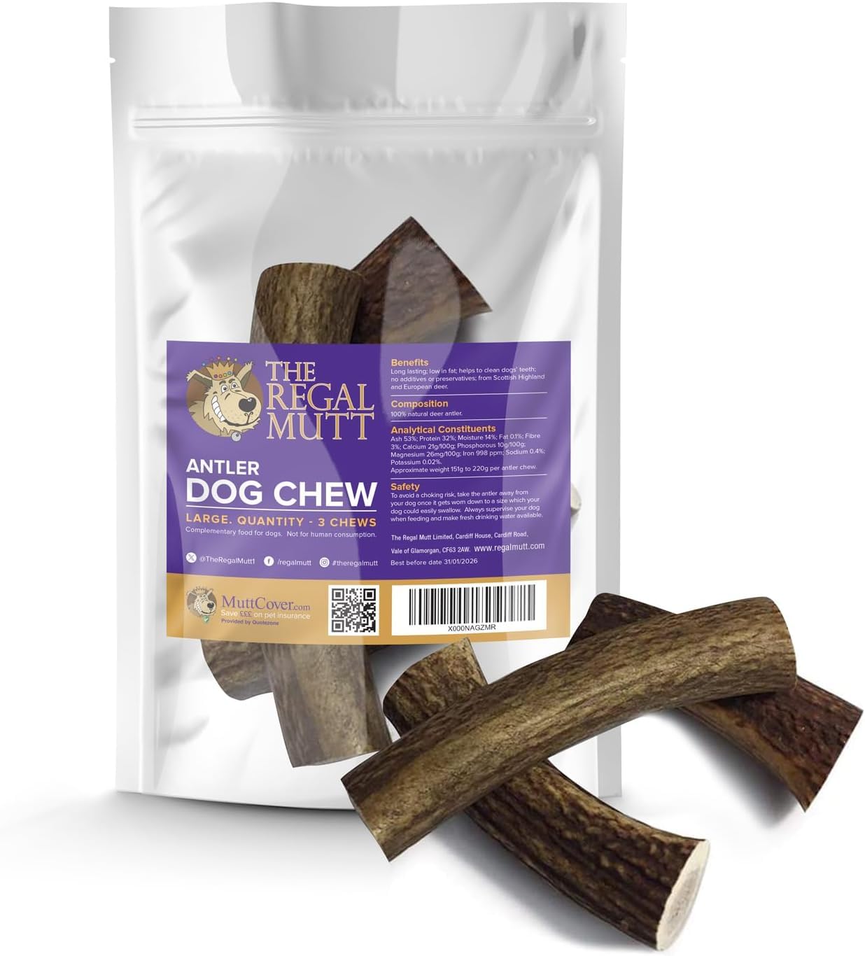 The Regal Mutt - Antler Dog Chew Large - Bag of 3 โ image 1