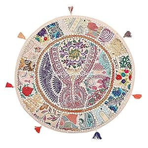 Stylo Culture Ethnic Bohemian Floor Cushion Meditation Throw Pillow Cover White 70×70 cm Vintage Patchwork Lounge Round Large 28 inch Lounge Cotton Embroidered Couch Sitting Cover