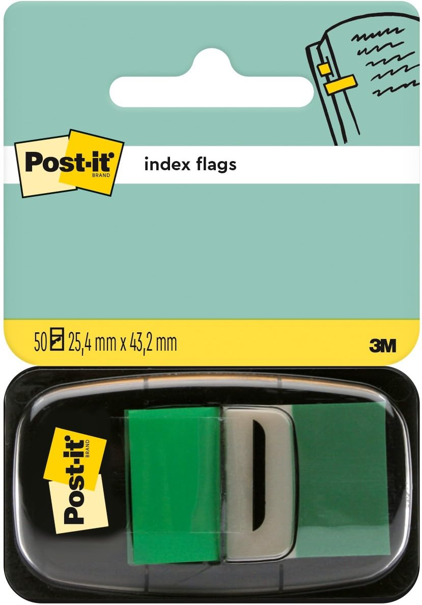 Post-it Index Flags, Medium, Green, 1 Dispenser 25.4 mm x 43.2 mm, 50 Flags - to Mark, Highlight or Color Code Important Information