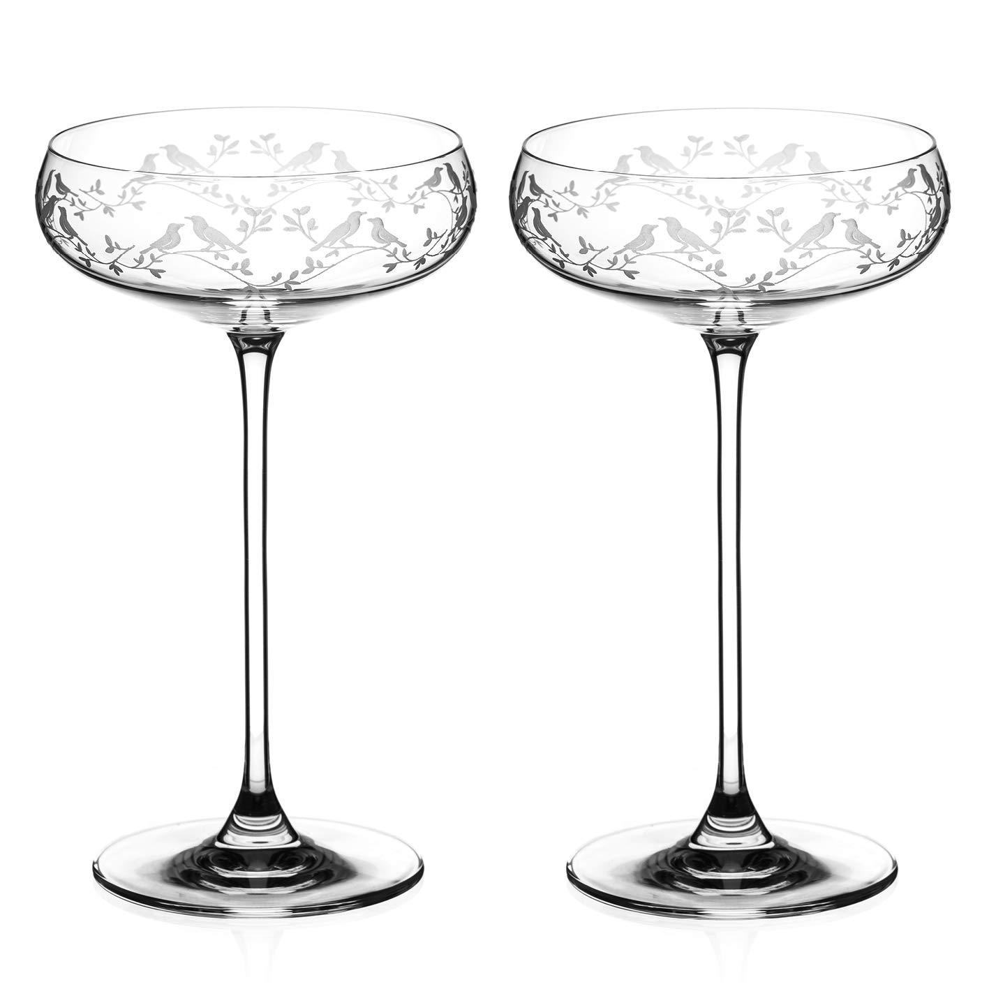 DIAMANTE Champagne Coupes Cocktail Saucers Pair with ‘Birdsong’ Collection Hand Etched Filigree Crystal Design - Set of 2