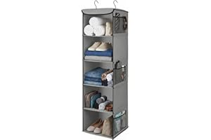 Flexzion Hanging Closet Organizer - 5-Shelf Fabric Hanging Shelves for Closet with 6 Side Mesh Pockets, Strong Inserts Suppor