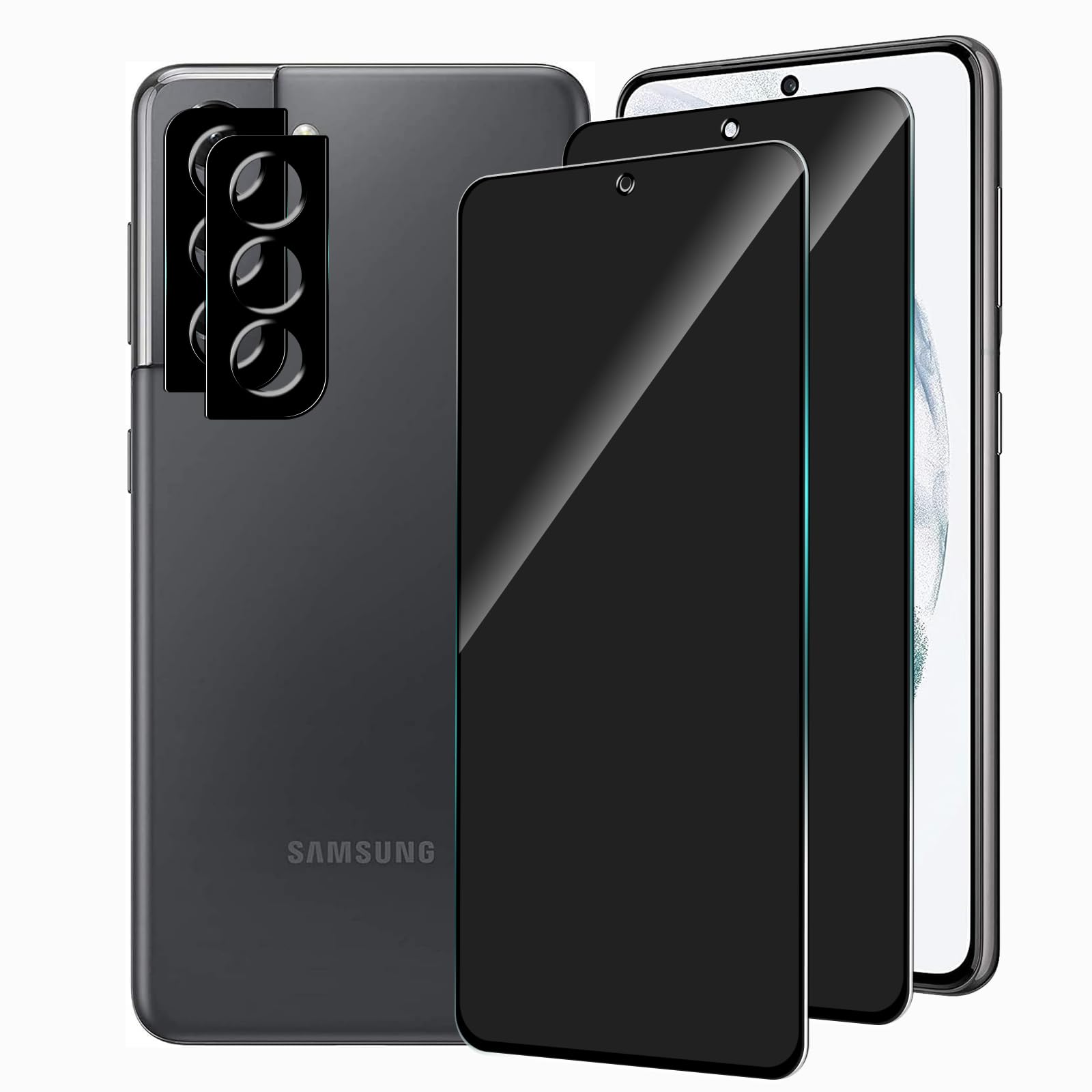 Photo 1 of 2 Pack Privacy Screen Protector for Samsung Galaxy S21 5G with 2 Pack Camera Lens Protector,Full Coverage Anti-Spy Tempered Glass Film,9H Hardness,Easy to Install,Support Fingerprint Unlocking