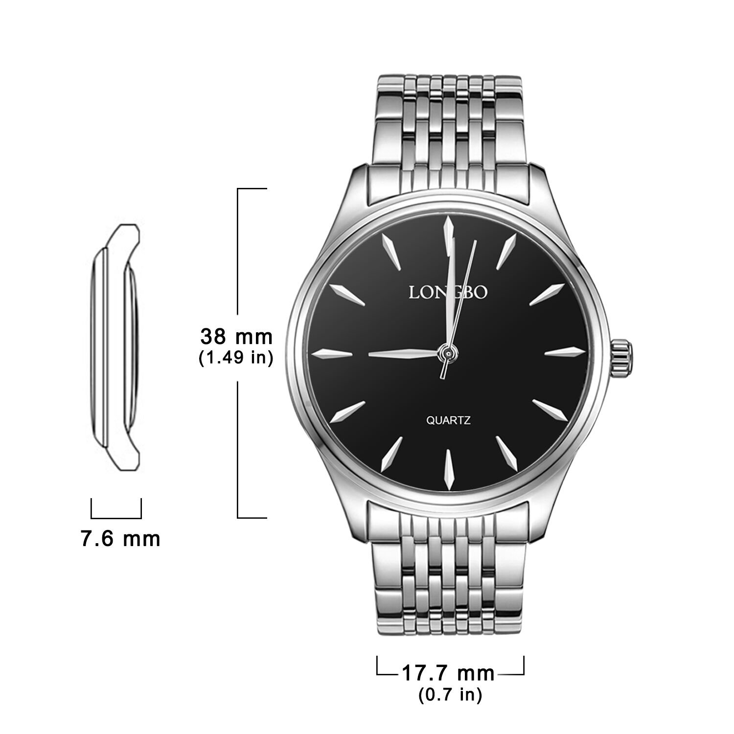 LONGBO Men\'s Women Watches Silver Stainless Steel Band Business Casual Waterproof Analogue Quartz Wristwatch Black Dial Couple Dress Watch (M, Silver-Black)