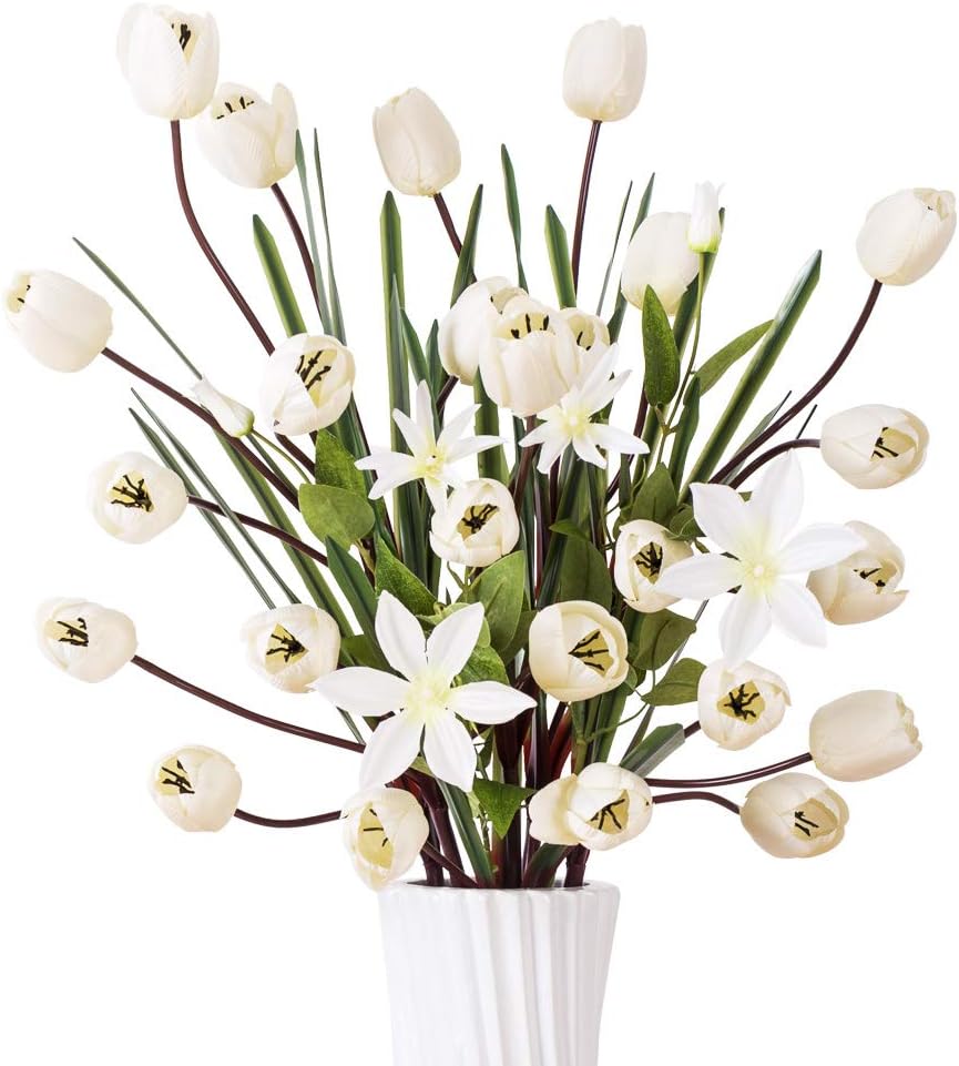 YILIYAJIA Artificial Tulips Silk Flowers Bouquet Arrangement Long Stem Tulips Artificial Flowers Floor Flowers for Wedding Party Patio Decoration,40''(White)