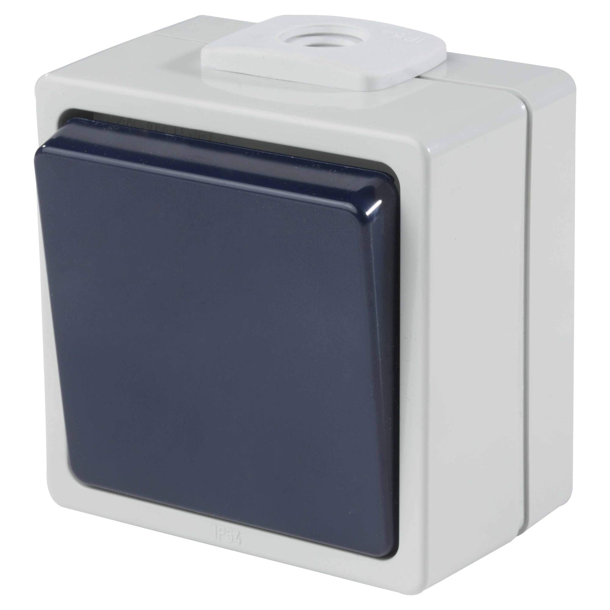 As - Schwabe surface-mounted switch - Changeover switch (cross section 2.5 mm²) - Robust rocker switch (230 V / 10 A) for damp rooms and outdoors - IP54 - light gray / blue - Made in Germany I 62450 — image 1