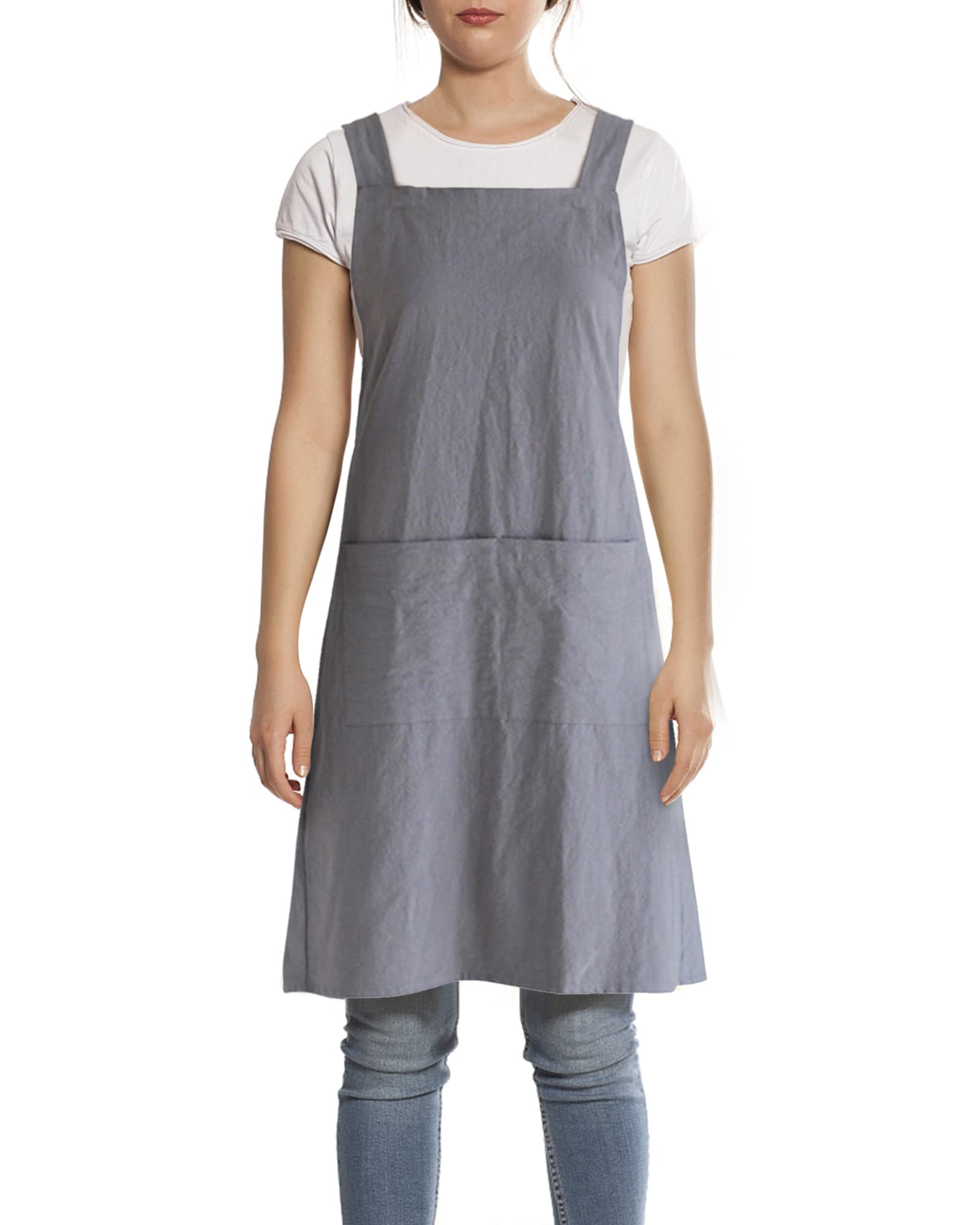 FBBULES Kitchen Apron with Pocket, Cotton Linen Japanese Style Apron, Cross Back Bandage Halter Pinafore, Solid Color Men Women Bib Chef Work Wear for Cooking Painting Gardening Baking, Gray