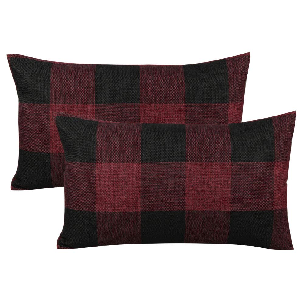 VAKADO 12x20 Inch Pack of 2 Farmhouse Retro Check Plaids Lumbar Throw Pillow Covers Decorative Linen Rectangle Christmas Cushion Cases for Sofa Couch Car, Red and Black