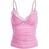 Verdusa Women's Lace Y2k Tops Spaghetti Strap Tank Top Backless Ruched Camisole Babydoll Top