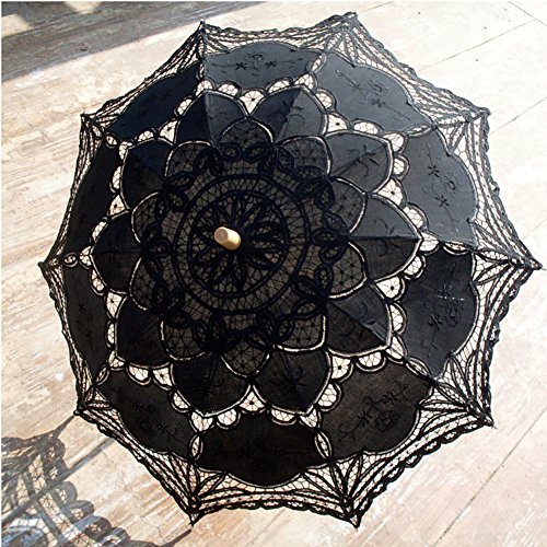Vintage Lace Parasol Umbrella for Bridal Wedding Party Decoration Photo Props Costume Accessory (Black)