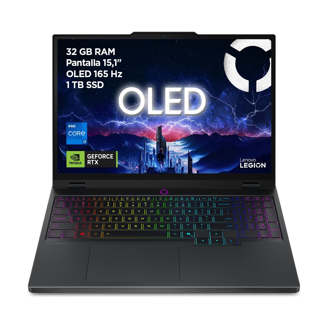 Lenovo Legion 5 Gen 10 Gaming Laptop IA 15,1 pollici WQXGA OLED (Intel Core i7-13650HX, NVIDIA GeForce RTX 5070, 32 GB RAM, SSD 1TB, Wi-Fi 7, senza sistema operativo), tastiera RGB spagnola nera