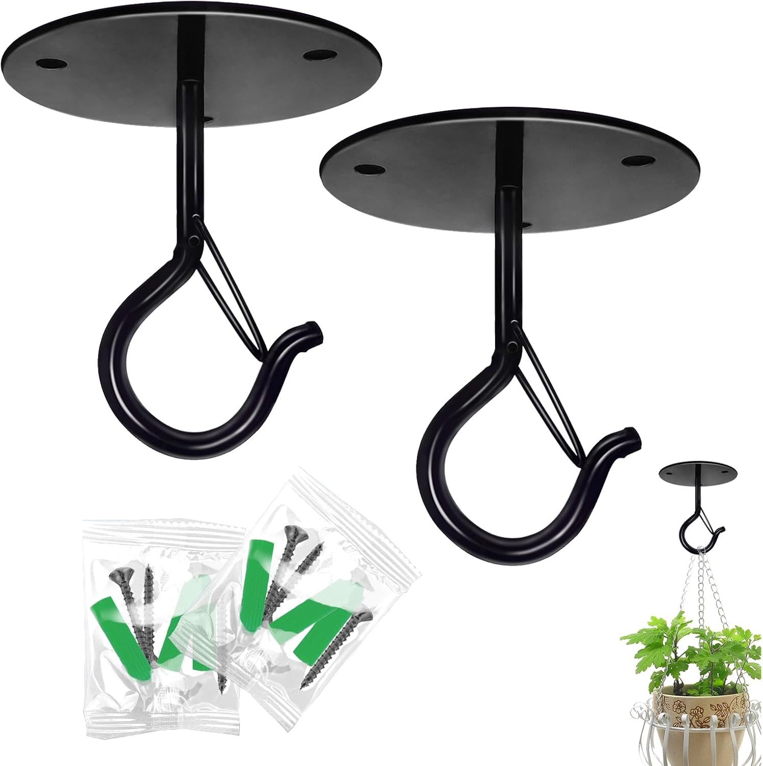 Outdoor Hanging Brackets - Ticway 2 Pack Ceiling Hooks for Hanging Plants with Safety Buckles,Hanging Plant Hooks, Heavy Duty Stable Plants Hanger with Screws for Hanging Bird Feeders,Wind Chimes,Outdoor Decoration(Black)