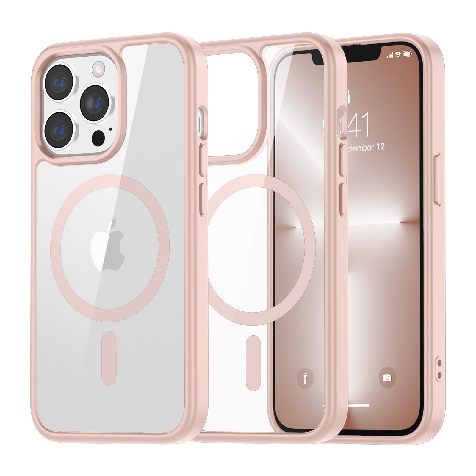 Photo 1 of SUPFINE Magnetic for iPhone 13 Pro case, [Compatible with MagSafe][Clear Hard Back with Soft TPU Bumper][12FT Military Grade Drop Protection] Shockproof Phone Case,Clear Pink