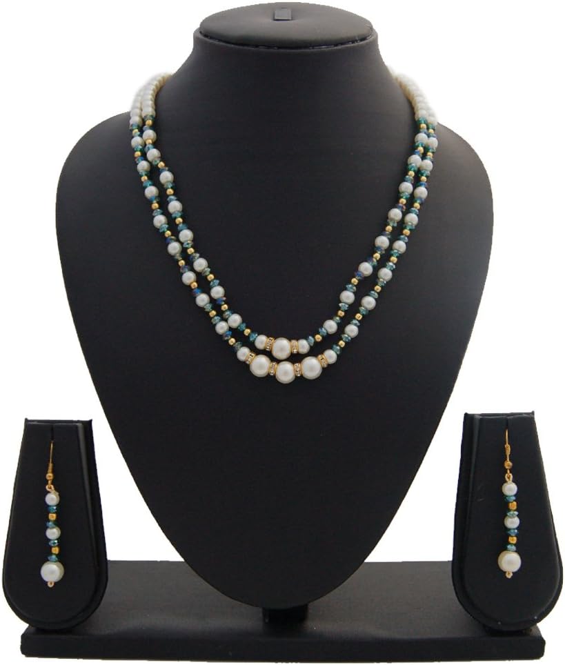 Nisa Pearls & Jewellery Women's Traditional Pearls Necklace Set Adorned With Cz And Blue Crystals Feroza