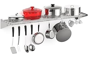 EcoExplorer Stainless Steel Shelf Wall Mounted, NSF Commercial Wall Shelf, Floating Shelving for Kitchen, Restaurant, Home, Hotel, 48 x 12 Inches Pipe Surface with 10 Hooks