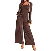 KIRUNDO Long Sleeve Jumpsuit for Women 2026 Spring Outfits Summer One Piece Square Neck Wide Leg Pants Romper With Pockets