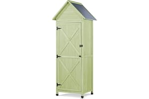FTCBNet Wooden Outdoor Storage Cabinet,Tall Vertical Garden Tool Shed with Waterproof Metal Roof & Adjustable Feet – Perfect for Yard, Patio, Lawn & Deck (Green, 22" x 26" x 67")
