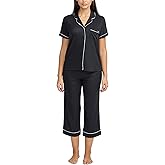 BCBGMAXAZRIA womens Ribbed Pajama Set Short Sleeve Notch Collar With Pants