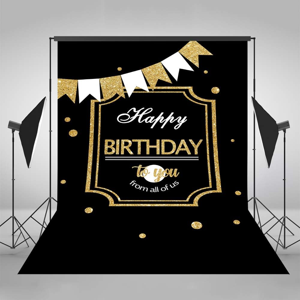 Mehofoto Happy Birthday Backdrop Black and Gold Birthday Party Banner 5x7ft Vinyl Birthday Themed Backdrops