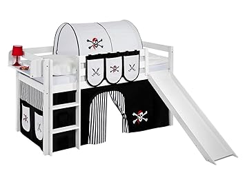 Lilokids Spielbett JELLE mit Rutsche und Vorhang Kinderbett, Holz, weiß, 208 x 98 x 113 cm