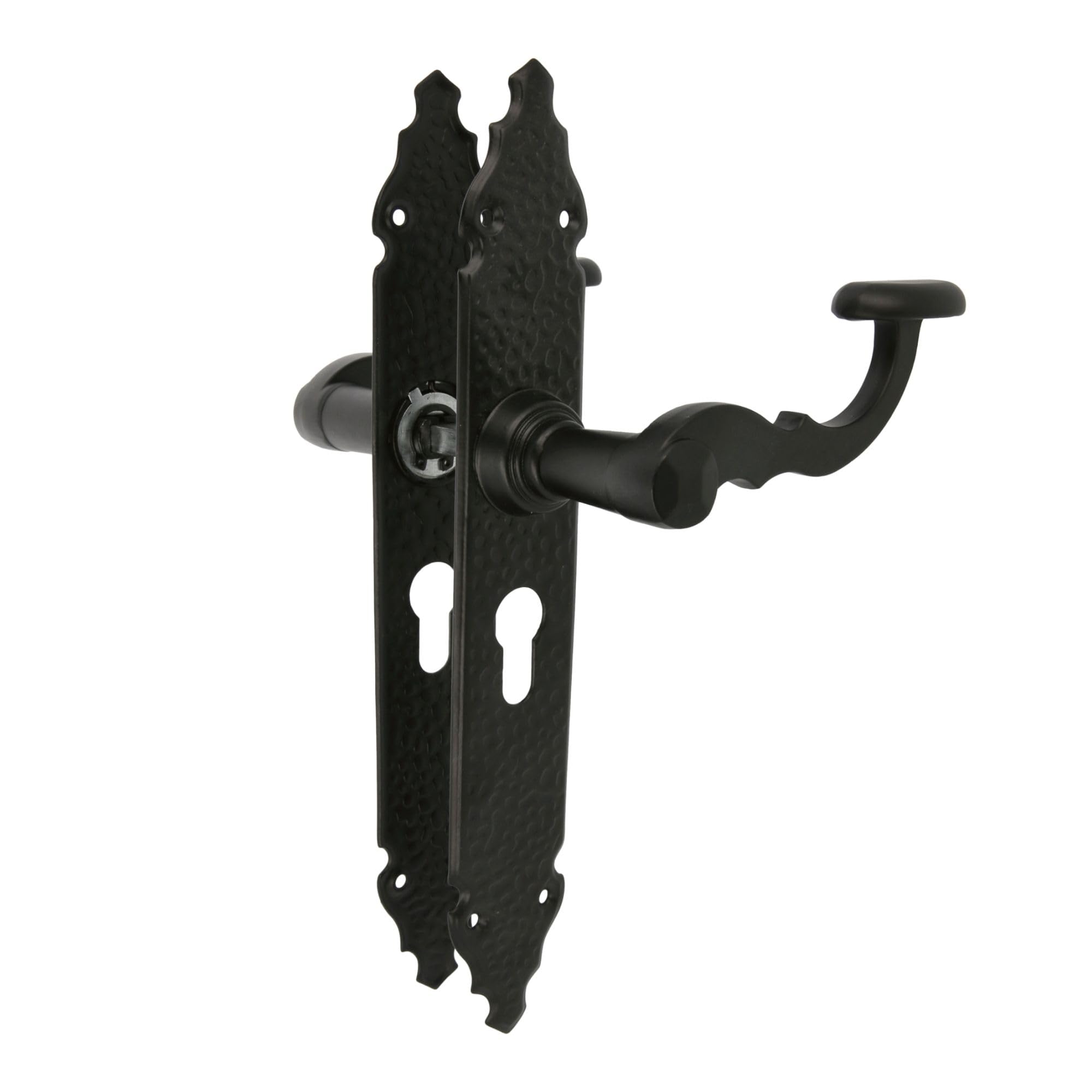 Amig - Set of Handles Mod. 100PB | 280 x 44 mm | Zamak Handle with Steel Plate | Black Finish | Includes Euro Profile Keyhole | 8 mm Spindle | Hand-Forged Rustic Style