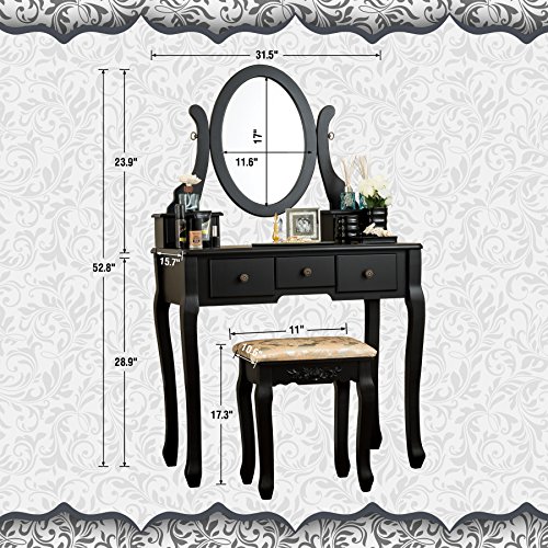 Fineboard HFB-VT07-BK Single Mirror Dressing Set Five Organization Drawers Vanity Table with Wooden Stool, Black