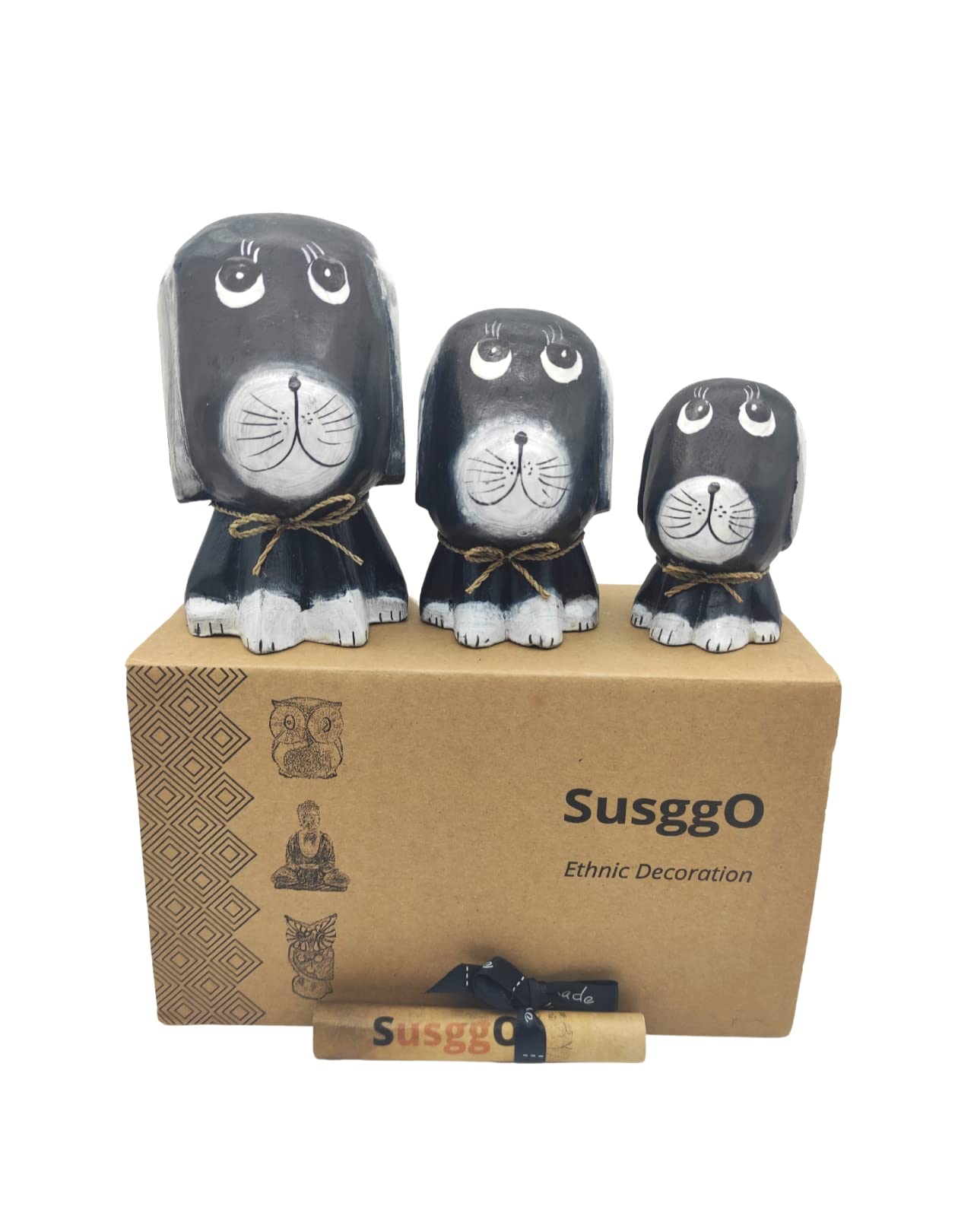 SusggO Set of 3 wooden dog figures, decorative dogs, dog figures, dog decoration, dogs, crafts, hand-carved, handmade
