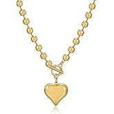 YUJIE Statement Matte Heart Pendant Necklace Vintage Brushed Gold Plated Puff Heart Choker Necklace Chunky Ball Chain Love Sweetheart