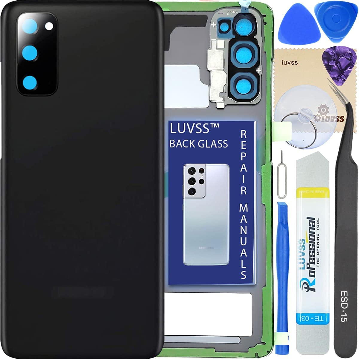 LUVSS for Samsung Galaxy S20 Back Glass Cover Replacement + Camera Lens + Repair Manual DIY Tools Kit SM-G981B G980B -Cosmic Black