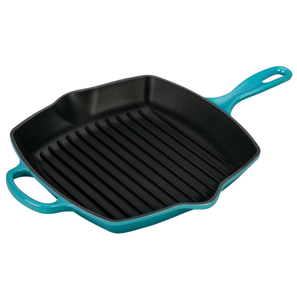 LE CREUSET Signature Enamelled Cast Iron Grillit Frying Pan with Helper Handle and Two Pouring Lips, for All Hob Types and Ovens, 26 cm, Teal, 20183261700422, Caribbean