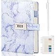 Kutoda Marble Diary with Lock, 192 Pages College Ruled Secret Journal with Lock, Waterproof Diary with Lock, A5 Journal with Lock, Cute Diary Stuff for Teen Girls (Purple)