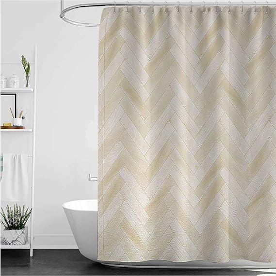 Beige Shower Curtains in Bath, Realistic Wooden Floor
