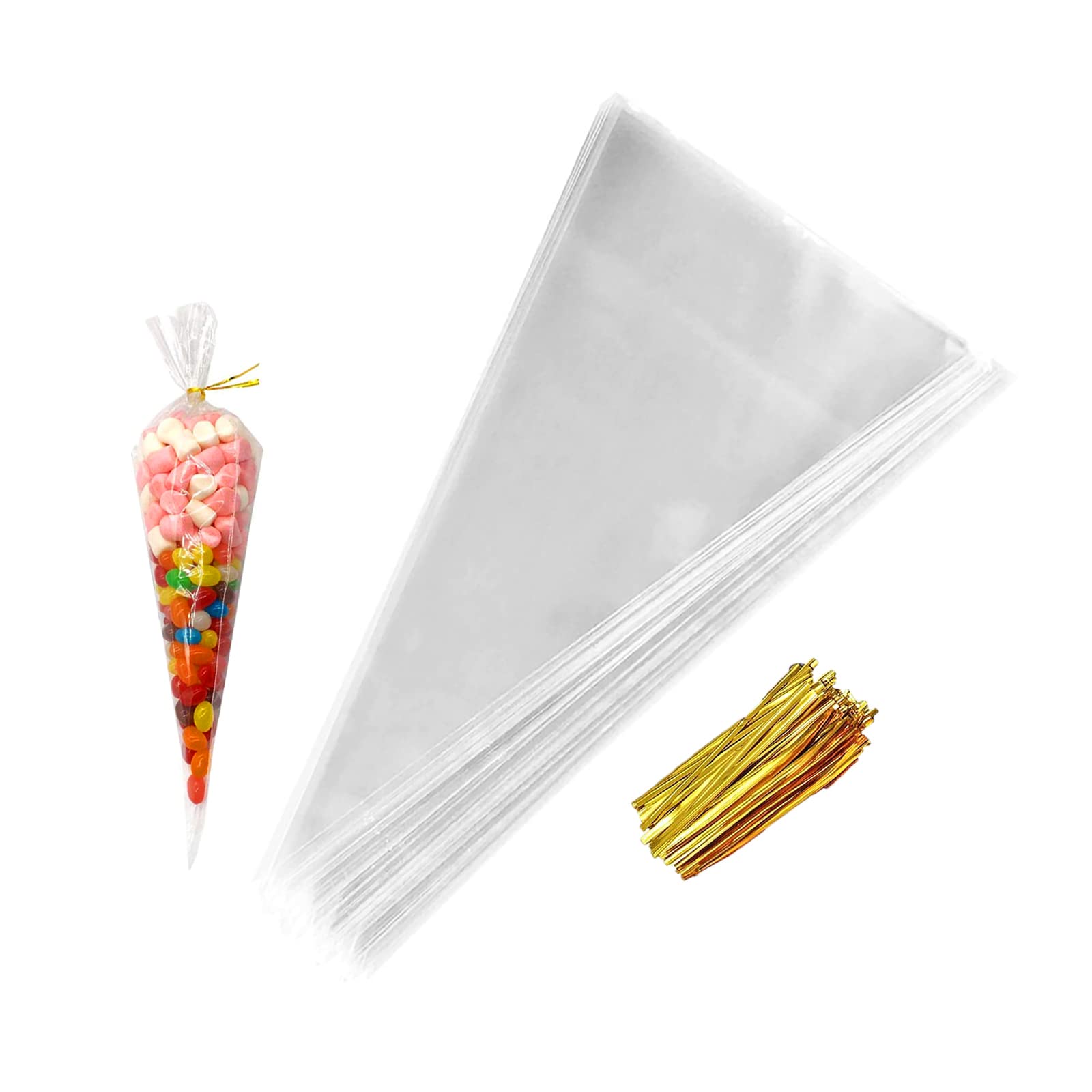 AZWOOD Candy Bags Transparent, Cone Bag Candy, Pack of 100 Candy Bags with 100 Ties - Cellophane Bags Clear for Sweets Chocolate Biscuits Popcorn