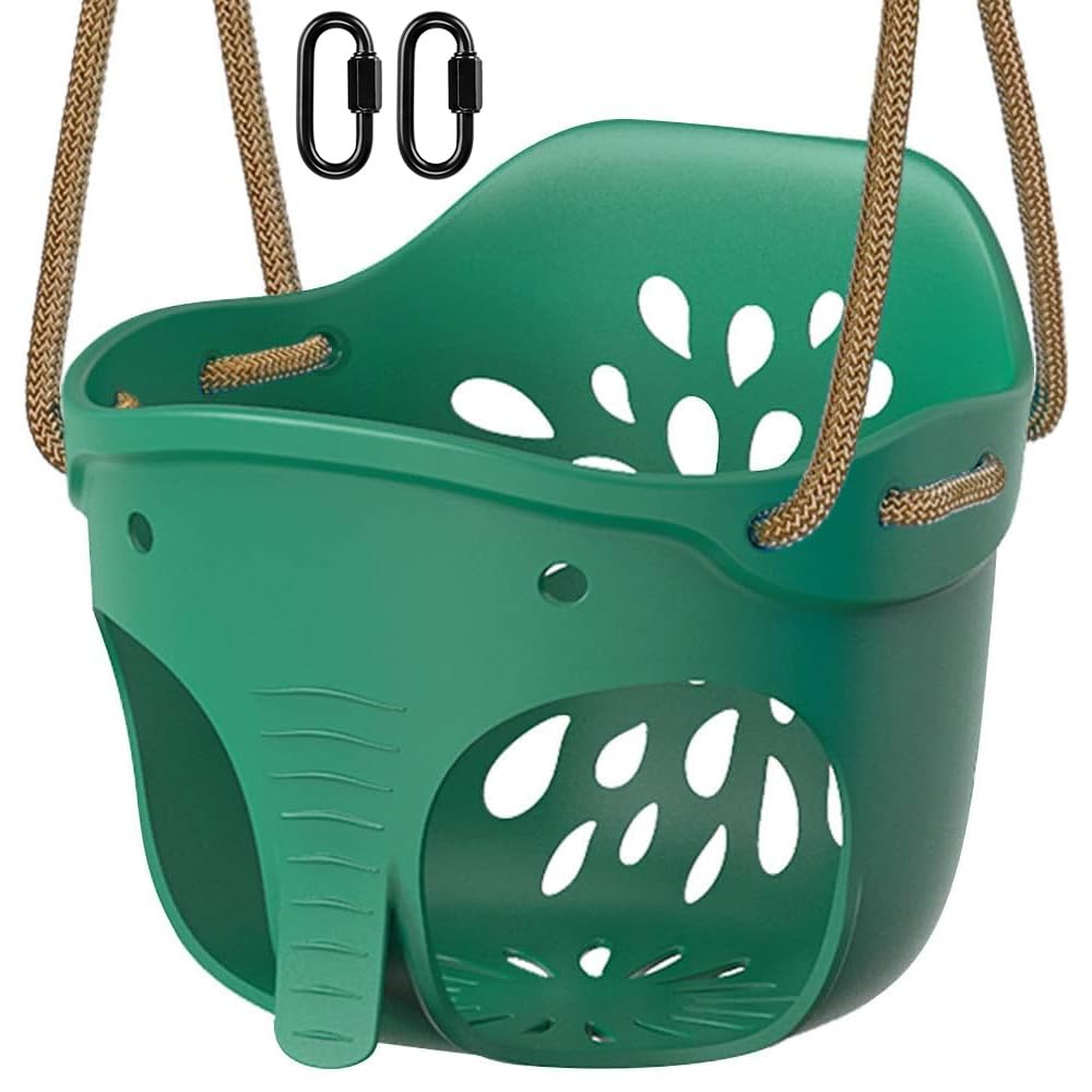 Dolibest Swing Seat, Kids Soft Plastic Bucket Swings Indoor/Outdoor Child Tree Swinging with High Back & Adjustable 130-200cm Rope for 1-3 Years Toddler/Baby, Green Elephant / 600lbs