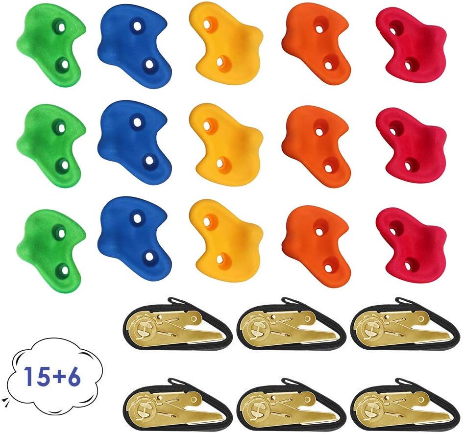 15 Ninja Tree Rock Climbing Holds for Kids and Adult Climber, with 6 Ratchet Straps, Climbing Rocks Rope Playset Set for Playground Equipment, Indoor and Outdoor Ninja Warrior Obstacle Course Training: Toys & Games