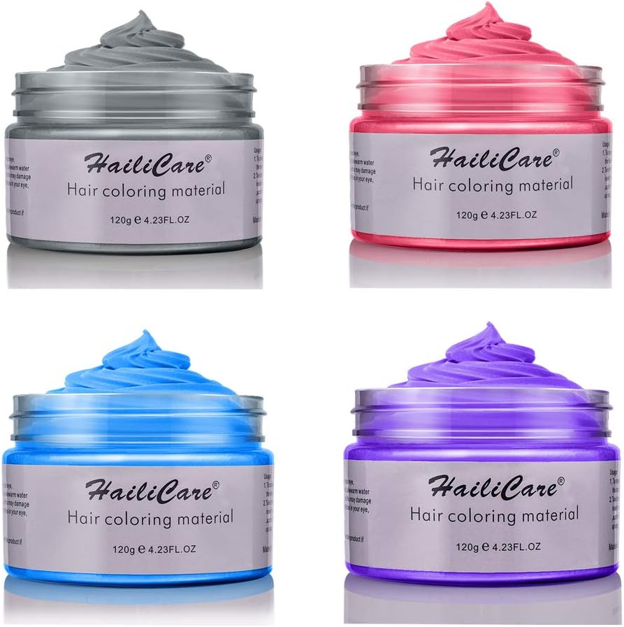 4 Colors Temporary Hair Dye Wax - 4 in 1 Sliver Blue Purple Red - Natural Matte Hairstyle for Party, Cosplay