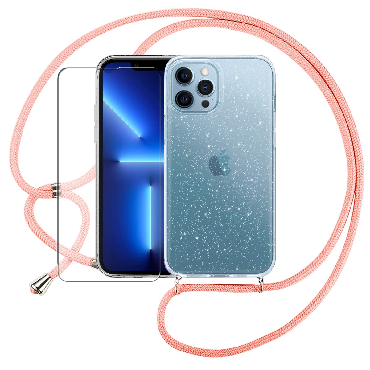 Pnakqil Crossbody Neck Lanyard Case for iPhone 13 Pro Max 6.7" & 1Pc Tempered Glass Screen Protector Necklace Phone Cover with Cord Strap, Clear Soft Cover Holder for iPhone 13 Pro Max - Rose Gold