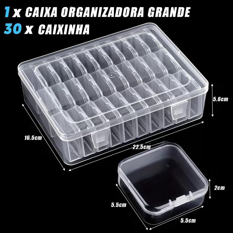 Caixa Organizadora Grande Transparente com 30 Caixinhas, Plástico, 22.5x16.5x5.6cm, para Miçangas e Bijuterias