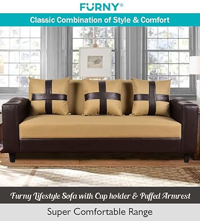 Furny Lifestyle 3 Seater Sofa With Cup Holder Puffed Armrest