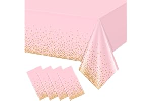 FunnyPars 4 Pack Pink and Gold Plastic Tablecloth for Parties, Pink Disposable Table Cloth for Rectangle Tables, Gold Dot Confetti Light Pink Tablecloth for Birthday Wedding Baby Shower Party, 54x108