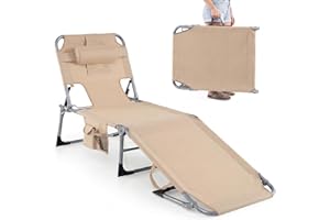 GYMAX Tanning Chair with Face Hole, Sun Bathing Lounge Chairs for Outside with Side Pocket, Folding Portable Face Down Layout