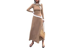 Mieazom 2 Piece Skirt Sets for Women 2024 Trendy Ribbed Knit Long Sleeve Crop Top Pleated Midi Flowy Skirts Matching Sets