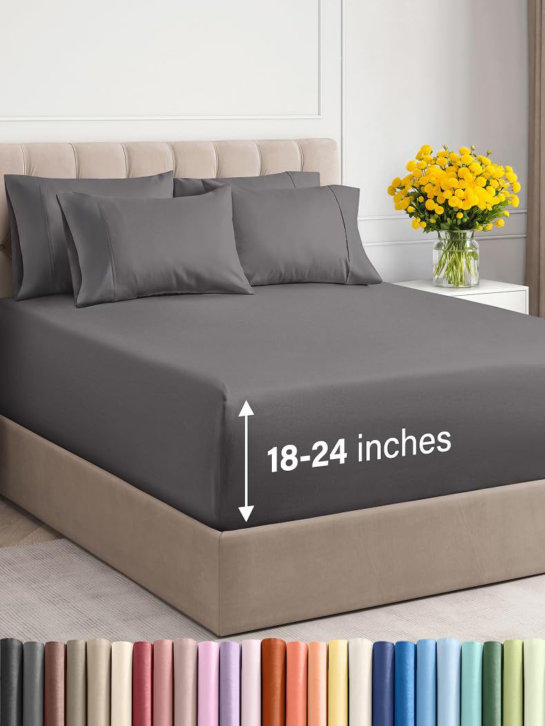 Photo 1 of ****UNKNOWN MISSING PIECES/DAMAEGS**** Extra Deep Cal King Sheet Set - 6 Piece Breathable & Cooling Sheets - Hotel Luxury Bed Sheets Set - Easy & Secure Fit - Soft, Wrinkle Free & Comfy Sheets Set - Grey Sheet Set with Extra Deep Pockets