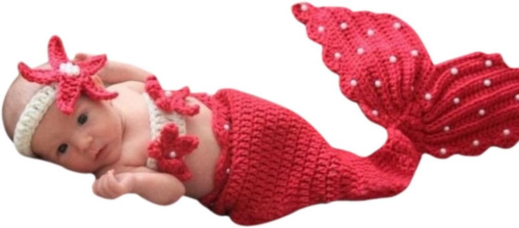 SMARSTAR Cute Mermaid Baby Costume Photo Photography Prop Crochet Knitted Baby Hats - Red