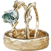 Natural Moss Agate Couple Wedding Ring Set for Her and Him S925 10K 14K 18K Gold Green Moss Agate Couple Matching Engagement Ring Set for Men and Women 3pcs Anniversary Bridal Rings Sets