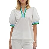 Huaqiao Womens Color Block Puff Short Sleeve Tee Shirt V Neck Cotton Tops Loose Fit Summer Blouses