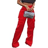 NRTHYE Women High Waisted Satin Cargo Pants Wide Leg Casual Pants Multi Pockets Straight Trousers